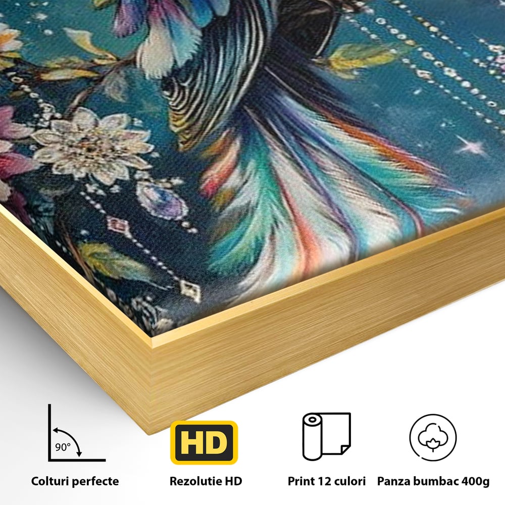 Tablou Canvas Premium, LuxCanva® M1063, Bijuteria Naturii, Cristale, Pasare, Bijuterii, Ramura, Flori, Magie, Sclipire, Mistic, Curcubeu, Natura, Birou, Living, Camera Copil