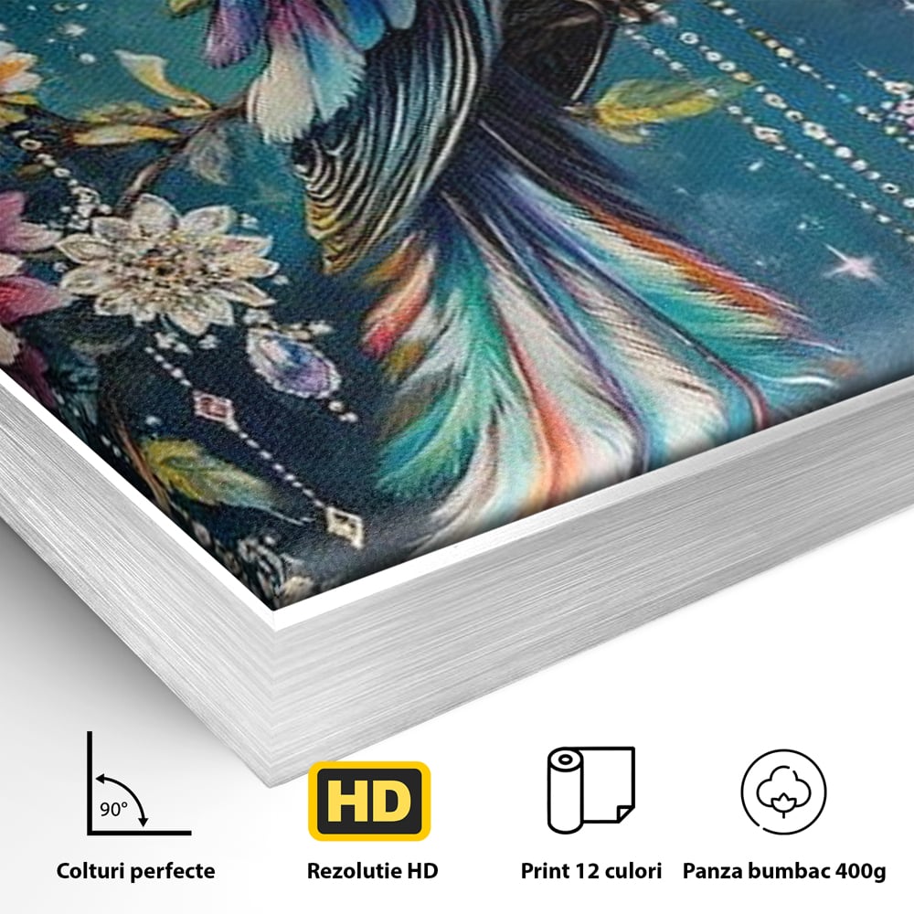 Tablou Canvas Premium, LuxCanva® M1063, Bijuteria Naturii, Cristale, Pasare, Bijuterii, Ramura, Flori, Magie, Sclipire, Mistic, Curcubeu, Natura, Birou, Living, Camera Copil