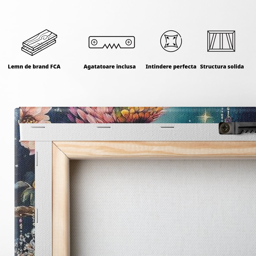 Tablou Canvas Premium, LuxCanva® M1063, Bijuteria Naturii, Cristale, Pasare, Bijuterii, Ramura, Flori, Magie, Sclipire, Mistic, Curcubeu, Natura, Birou, Living, Camera Copil