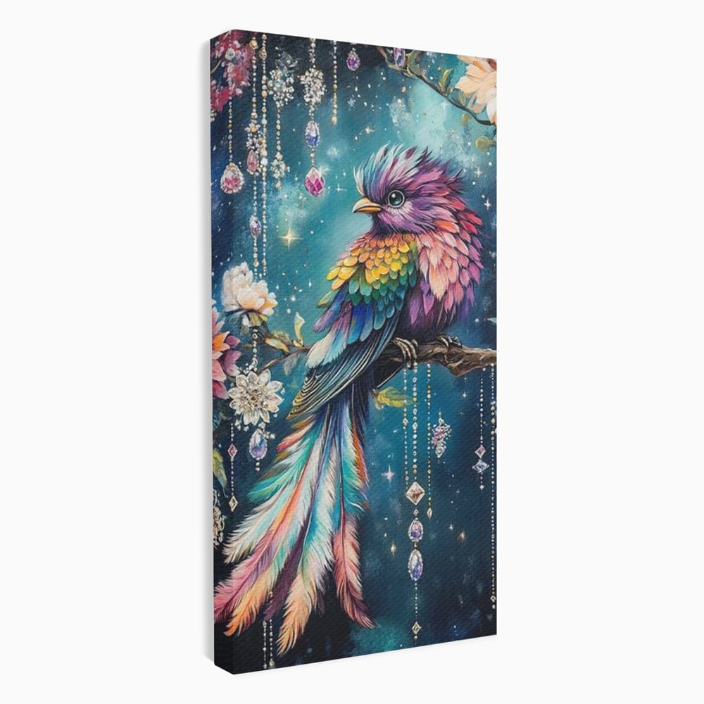 Tablou Canvas Premium, LuxCanva® M1063, Bijuteria Naturii, Cristale, Pasare, Bijuterii, Ramura, Flori, Magie, Sclipire, Mistic, Curcubeu, Natura, Birou, Living, Camera Copil