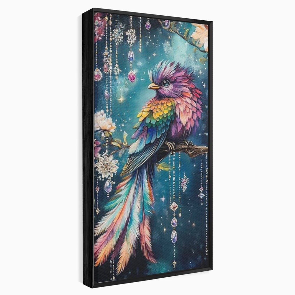 Tablou Canvas Premium, LuxCanva® M1063, Bijuteria Naturii, Cristale, Pasare, Bijuterii, Ramura, Flori, Magie, Sclipire, Mistic, Curcubeu, Natura, Birou, Living, Camera Copil