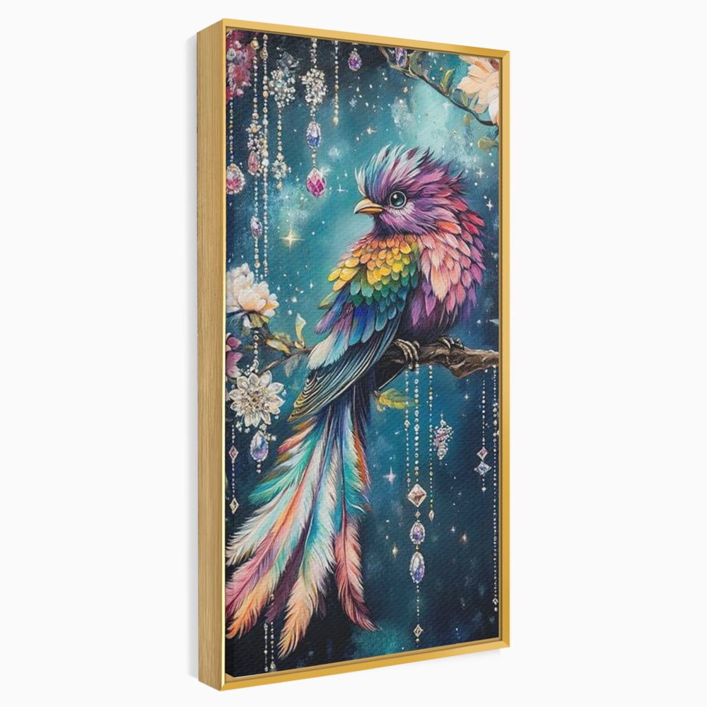 Tablou Canvas Premium, LuxCanva® M1063, Bijuteria Naturii, Cristale, Pasare, Bijuterii, Ramura, Flori, Magie, Sclipire, Mistic, Curcubeu, Natura, Birou, Living, Camera Copil