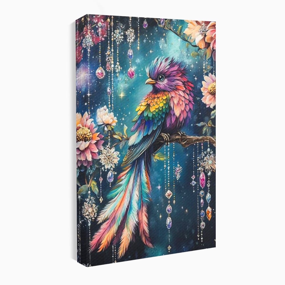 Tablou Canvas Premium, LuxCanva® M1063, Bijuteria Naturii, Cristale, Pasare, Bijuterii, Ramura, Flori, Magie, Sclipire, Mistic, Curcubeu, Natura, Birou, Living, Camera Copil