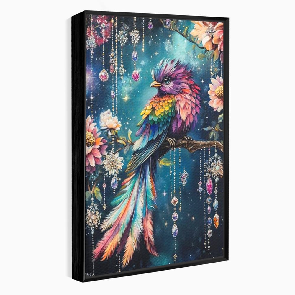 Tablou Canvas Premium, LuxCanva® M1063, Bijuteria Naturii, Cristale, Pasare, Bijuterii, Ramura, Flori, Magie, Sclipire, Mistic, Curcubeu, Natura, Birou, Living, Camera Copil