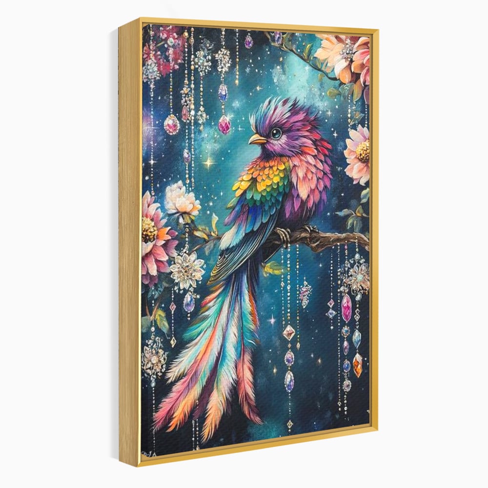 Tablou Canvas Premium, LuxCanva® M1063, Bijuteria Naturii, Cristale, Pasare, Bijuterii, Ramura, Flori, Magie, Sclipire, Mistic, Curcubeu, Natura, Birou, Living, Camera Copil