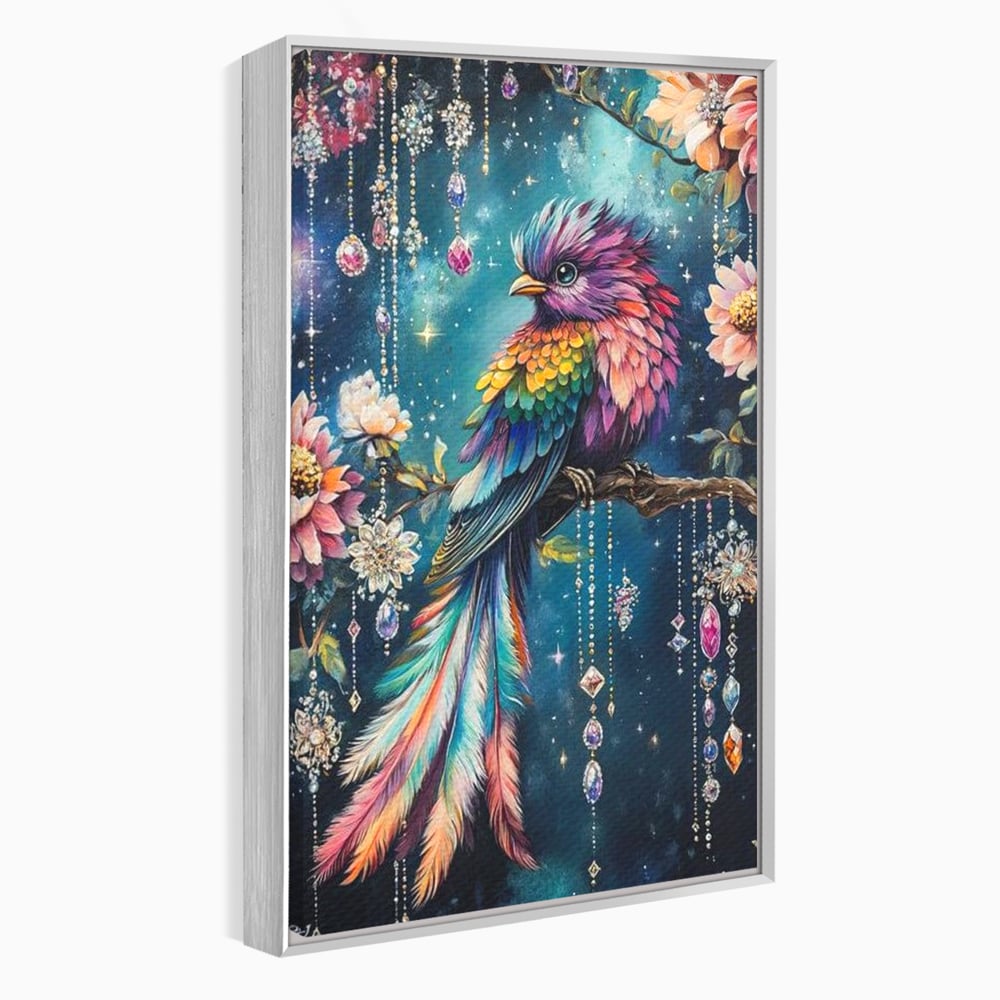 Tablou Canvas Premium, LuxCanva® M1063, Bijuteria Naturii, Cristale, Pasare, Bijuterii, Ramura, Flori, Magie, Sclipire, Mistic, Curcubeu, Natura, Birou, Living, Camera Copil