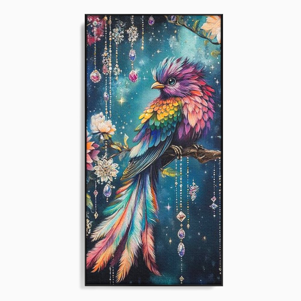 Tablou Canvas Premium, LuxCanva® M1063, Bijuteria Naturii, Cristale, Pasare, Bijuterii, Ramura, Flori, Magie, Sclipire, Mistic, Curcubeu, Natura, Birou, Living, Camera Copil
