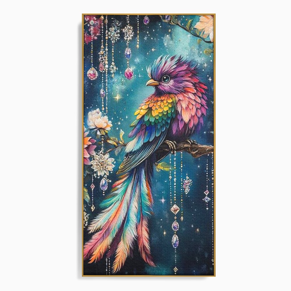 Tablou Canvas Premium, LuxCanva® M1063, Bijuteria Naturii, Cristale, Pasare, Bijuterii, Ramura, Flori, Magie, Sclipire, Mistic, Curcubeu, Natura, Birou, Living, Camera Copil