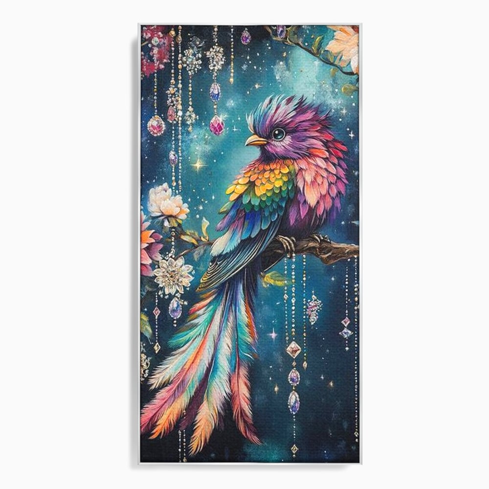 Tablou Canvas Premium, LuxCanva® M1063, Bijuteria Naturii, Cristale, Pasare, Bijuterii, Ramura, Flori, Magie, Sclipire, Mistic, Curcubeu, Natura, Birou, Living, Camera Copil