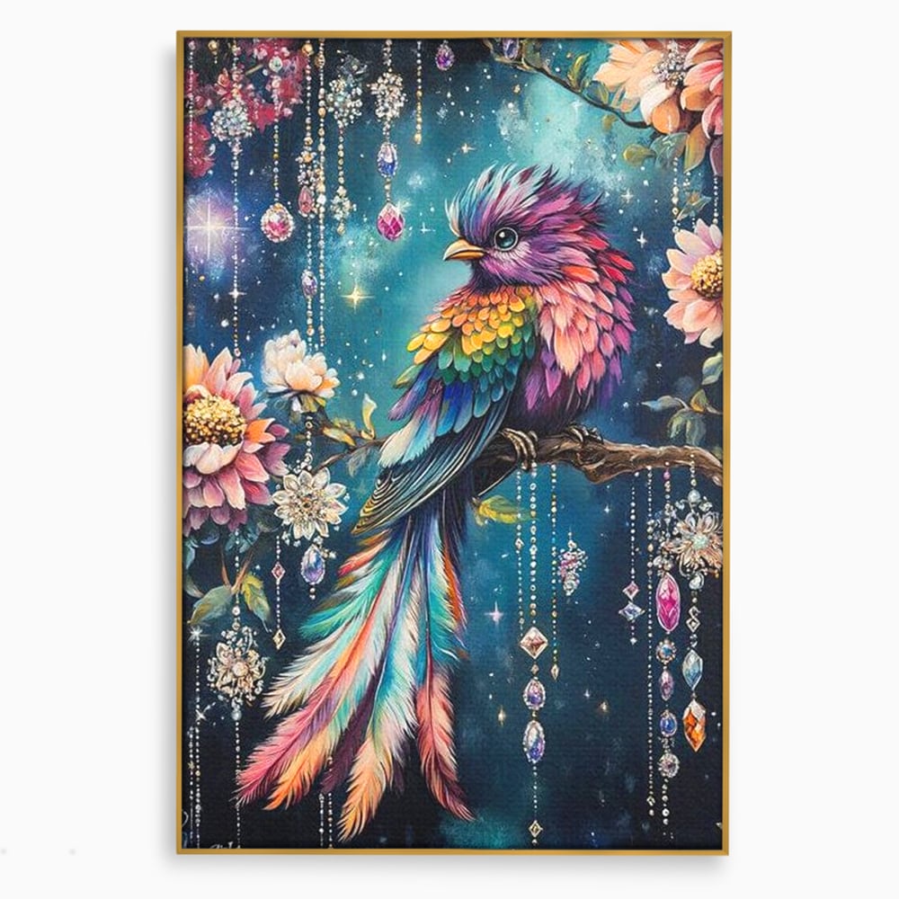 Tablou Canvas Premium, LuxCanva® M1063, Bijuteria Naturii, Cristale, Pasare, Bijuterii, Ramura, Flori, Magie, Sclipire, Mistic, Curcubeu, Natura, Birou, Living, Camera Copil