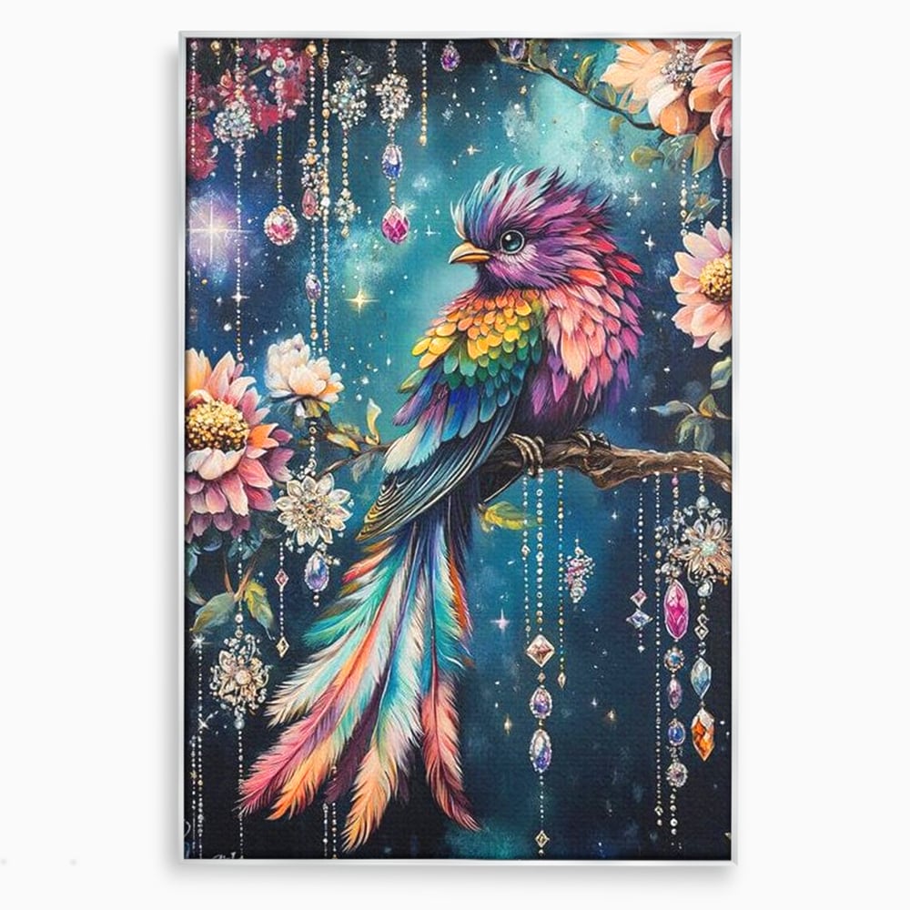 Tablou Canvas Premium, LuxCanva® M1063, Bijuteria Naturii, Cristale, Pasare, Bijuterii, Ramura, Flori, Magie, Sclipire, Mistic, Curcubeu, Natura, Birou, Living, Camera Copil