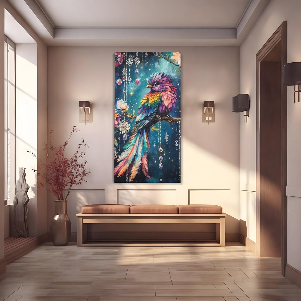 Tablou Canvas Premium, LuxCanva® M1063, Bijuteria Naturii, Cristale, Pasare, Bijuterii, Ramura, Flori, Magie, Sclipire, Mistic, Curcubeu, Natura, Birou, Living, Camera Copil