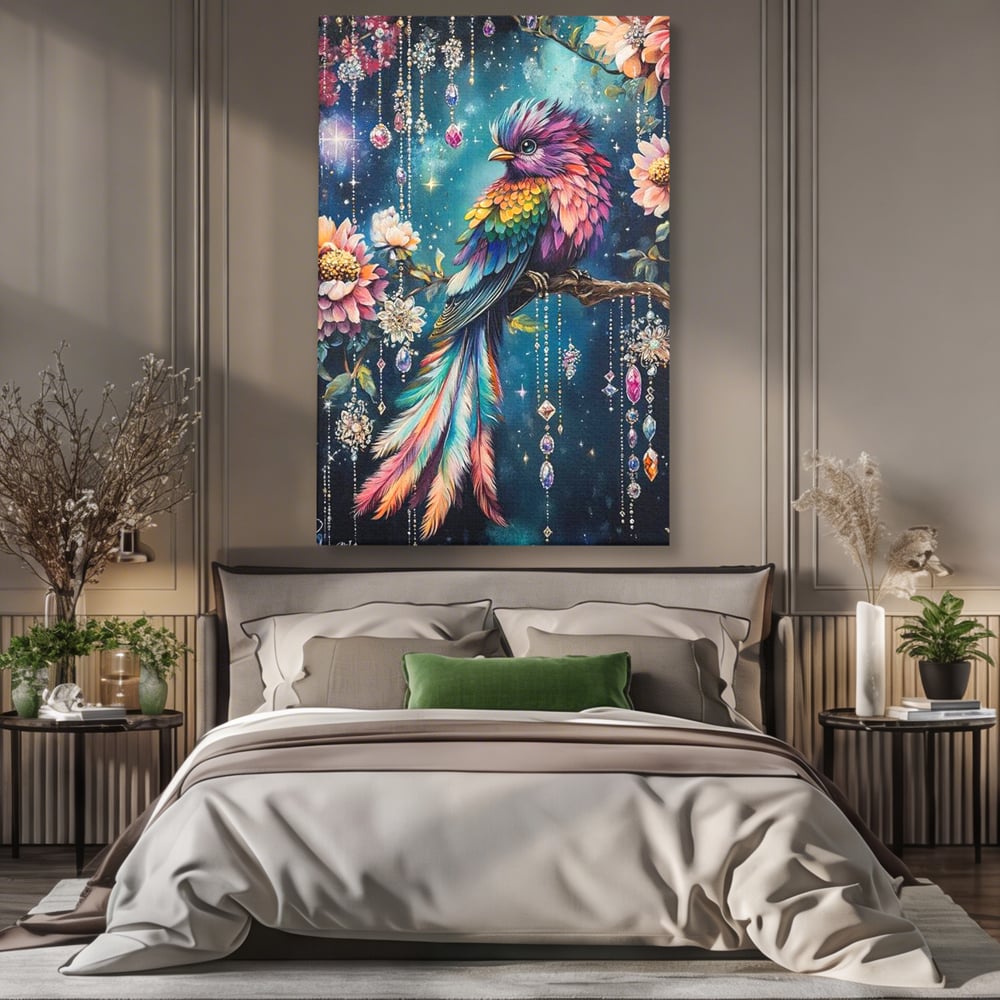 Tablou Canvas Premium, LuxCanva® M1063, Bijuteria Naturii, Cristale, Pasare, Bijuterii, Ramura, Flori, Magie, Sclipire, Mistic, Curcubeu, Natura, Birou, Living, Camera Copil