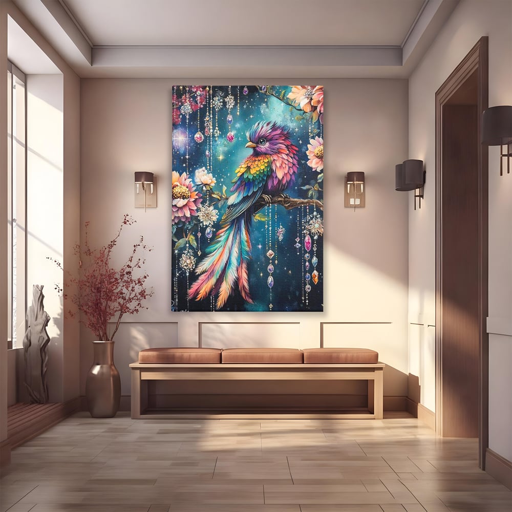 Tablou Canvas Premium, LuxCanva® M1063, Bijuteria Naturii, Cristale, Pasare, Bijuterii, Ramura, Flori, Magie, Sclipire, Mistic, Curcubeu, Natura, Birou, Living, Camera Copil