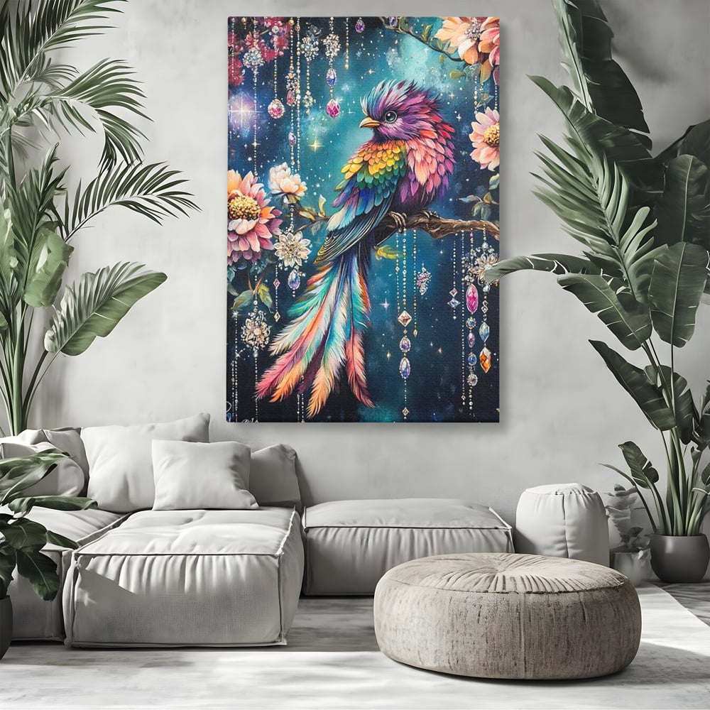 Tablou Canvas Premium, LuxCanva® M1063, Bijuteria Naturii, Cristale, Pasare, Bijuterii, Ramura, Flori, Magie, Sclipire, Mistic, Curcubeu, Natura, Birou, Living, Camera Copil