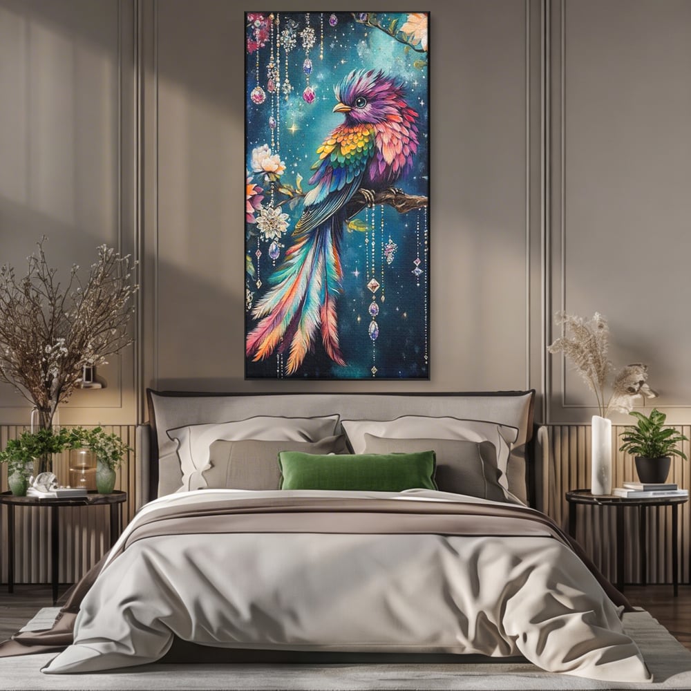Tablou Canvas Premium, LuxCanva® M1063, Bijuteria Naturii, Cristale, Pasare, Bijuterii, Ramura, Flori, Magie, Sclipire, Mistic, Curcubeu, Natura, Birou, Living, Camera Copil