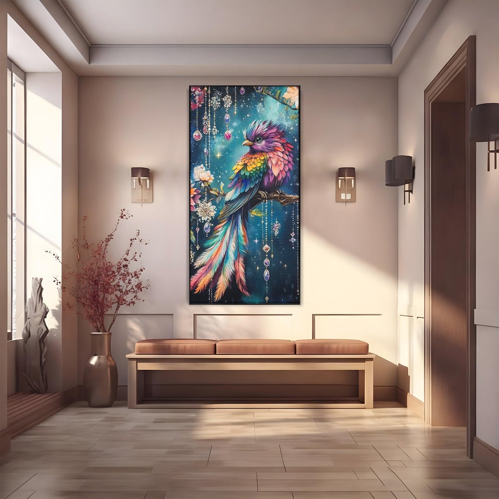 Tablou Canvas Premium, LuxCanva® M1063, Bijuteria Naturii, Cristale, Pasare, Bijuterii, Ramura, Flori, Magie, Sclipire, Mistic, Curcubeu, Natura, Birou, Living, Camera Copil
