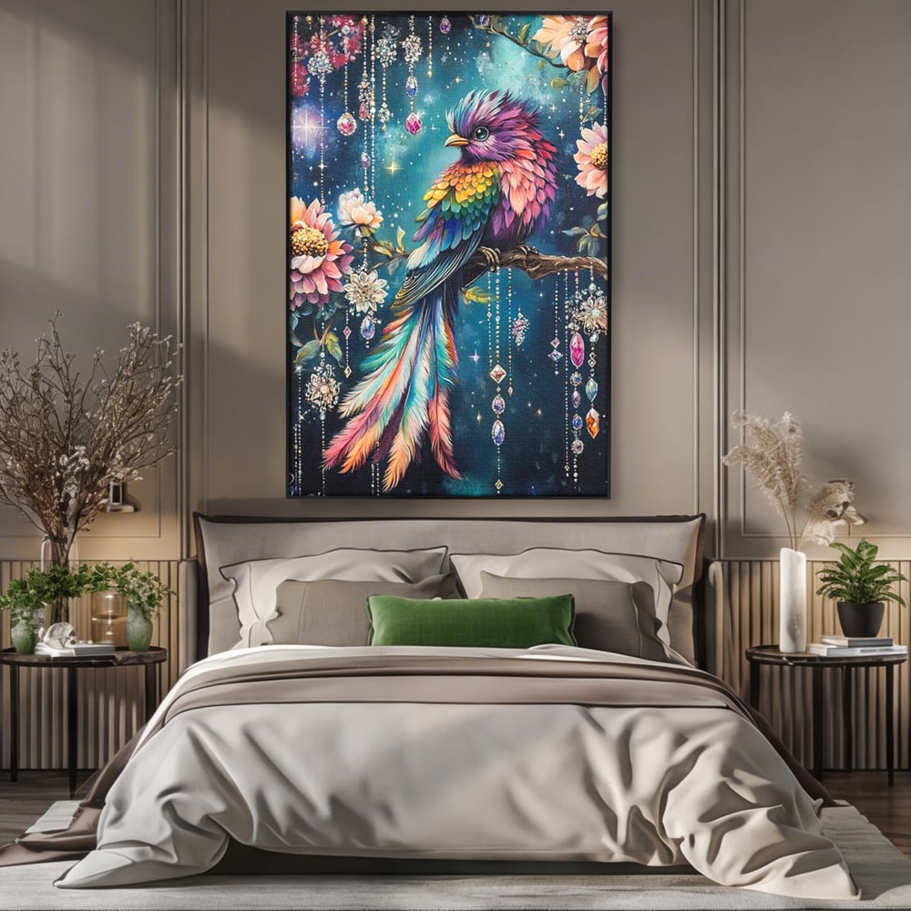 Tablou Canvas Premium, LuxCanva® M1063, Bijuteria Naturii, Cristale, Pasare, Bijuterii, Ramura, Flori, Magie, Sclipire, Mistic, Curcubeu, Natura, Birou, Living, Camera Copil