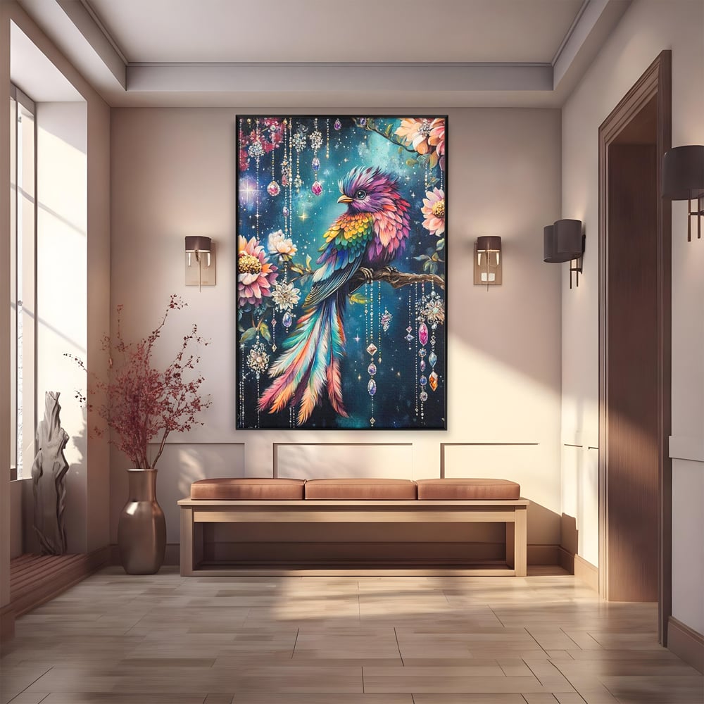 Tablou Canvas Premium, LuxCanva® M1063, Bijuteria Naturii, Cristale, Pasare, Bijuterii, Ramura, Flori, Magie, Sclipire, Mistic, Curcubeu, Natura, Birou, Living, Camera Copil