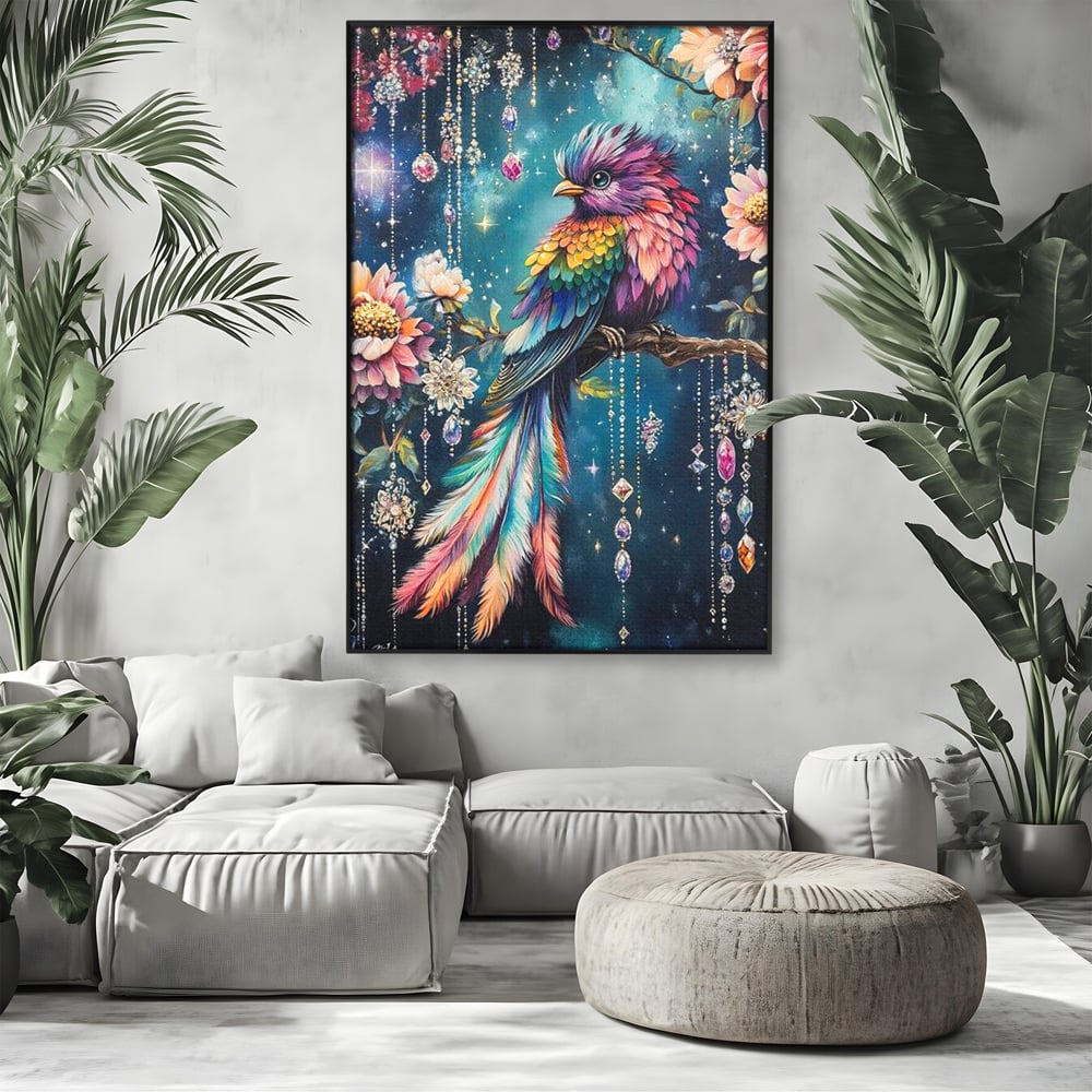 Tablou Canvas Premium, LuxCanva® M1063, Bijuteria Naturii, Cristale, Pasare, Bijuterii, Ramura, Flori, Magie, Sclipire, Mistic, Curcubeu, Natura, Birou, Living, Camera Copil