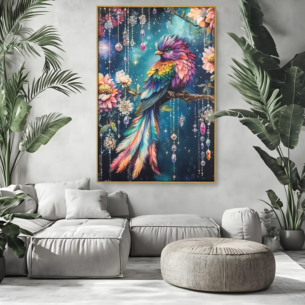 Tablou Canvas Premium, LuxCanva® M1063, Bijuteria Naturii, Cristale, Pasare, Bijuterii, Ramura, Flori, Magie, Sclipire, Mistic, Curcubeu, Natura, Birou, Living, Camera Copil