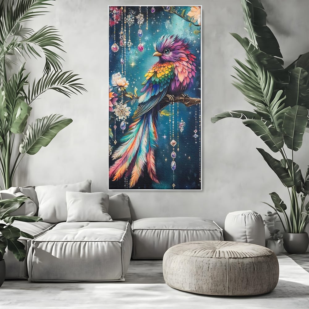 Tablou Canvas Premium, LuxCanva® M1063, Bijuteria Naturii, Cristale, Pasare, Bijuterii, Ramura, Flori, Magie, Sclipire, Mistic, Curcubeu, Natura, Birou, Living, Camera Copil
