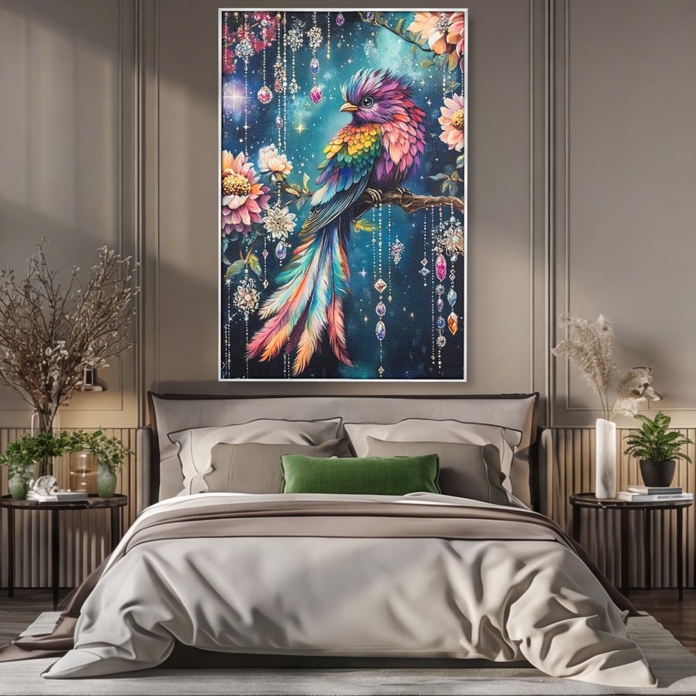 Tablou Canvas Premium, LuxCanva® M1063, Bijuteria Naturii, Cristale, Pasare, Bijuterii, Ramura, Flori, Magie, Sclipire, Mistic, Curcubeu, Natura, Birou, Living, Camera Copil