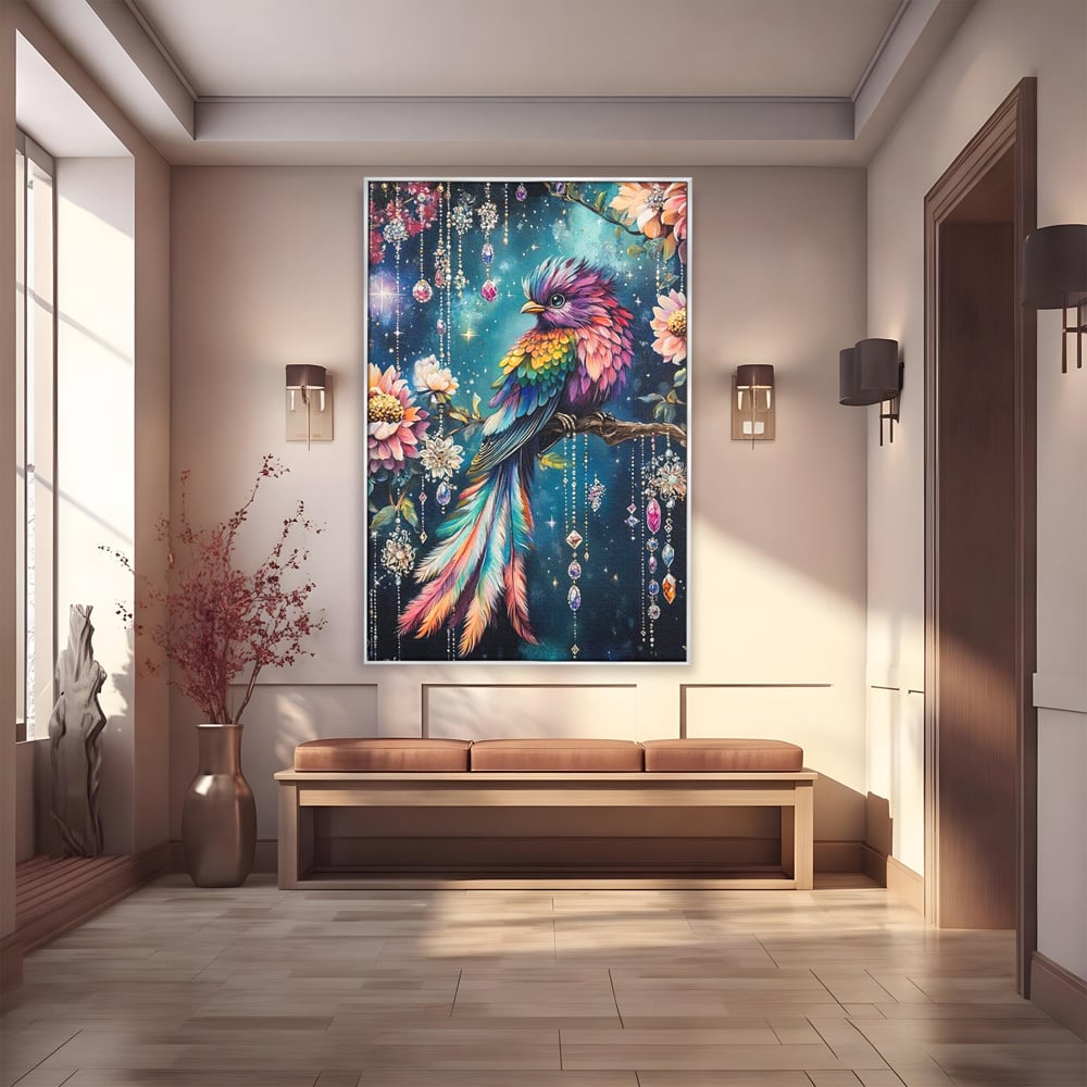 Tablou Canvas Premium, LuxCanva® M1063, Bijuteria Naturii, Cristale, Pasare, Bijuterii, Ramura, Flori, Magie, Sclipire, Mistic, Curcubeu, Natura, Birou, Living, Camera Copil