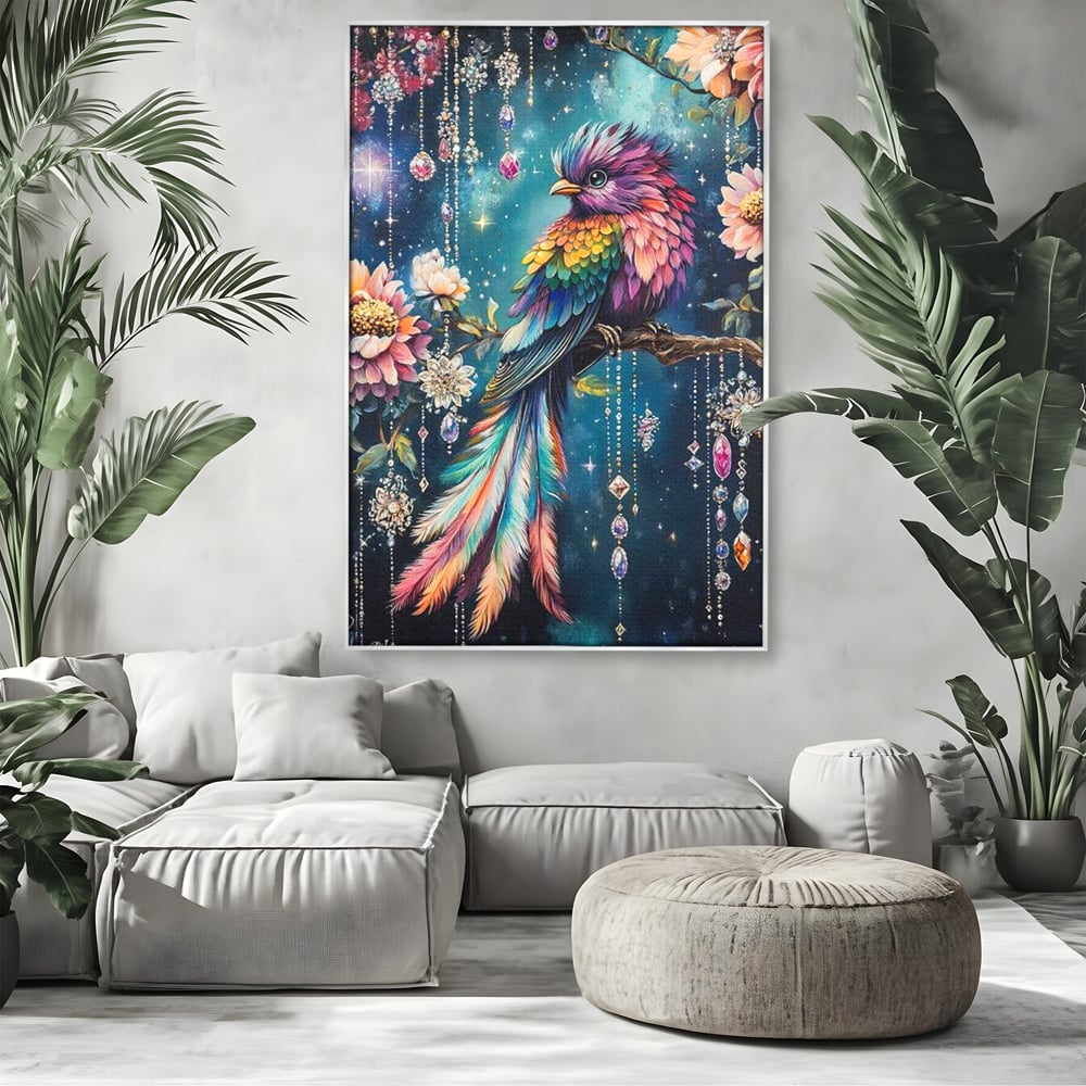 Tablou Canvas Premium, LuxCanva® M1063, Bijuteria Naturii, Cristale, Pasare, Bijuterii, Ramura, Flori, Magie, Sclipire, Mistic, Curcubeu, Natura, Birou, Living, Camera Copil