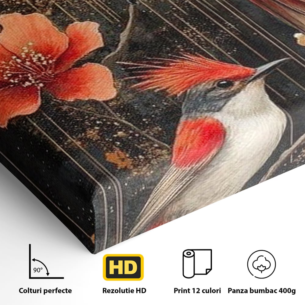 Leinwandbilder Premium, LuxCanva® M1064, Tanzen im Mondlicht, Vögel, Mond, Blumen, Rot, Gold, Zweige, Exotisch, Nächtlich, Fliegen, Mystisch, Poesie, Büro, Wohnen, Kinderzimmer