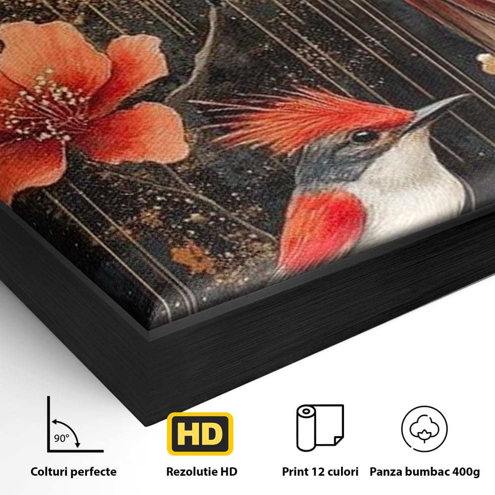 Leinwandbilder Premium, LuxCanva® M1064, Tanzen im Mondlicht, Vögel, Mond, Blumen, Rot, Gold, Zweige, Exotisch, Nächtlich, Fliegen, Mystisch, Poesie, Büro, Wohnen, Kinderzimmer