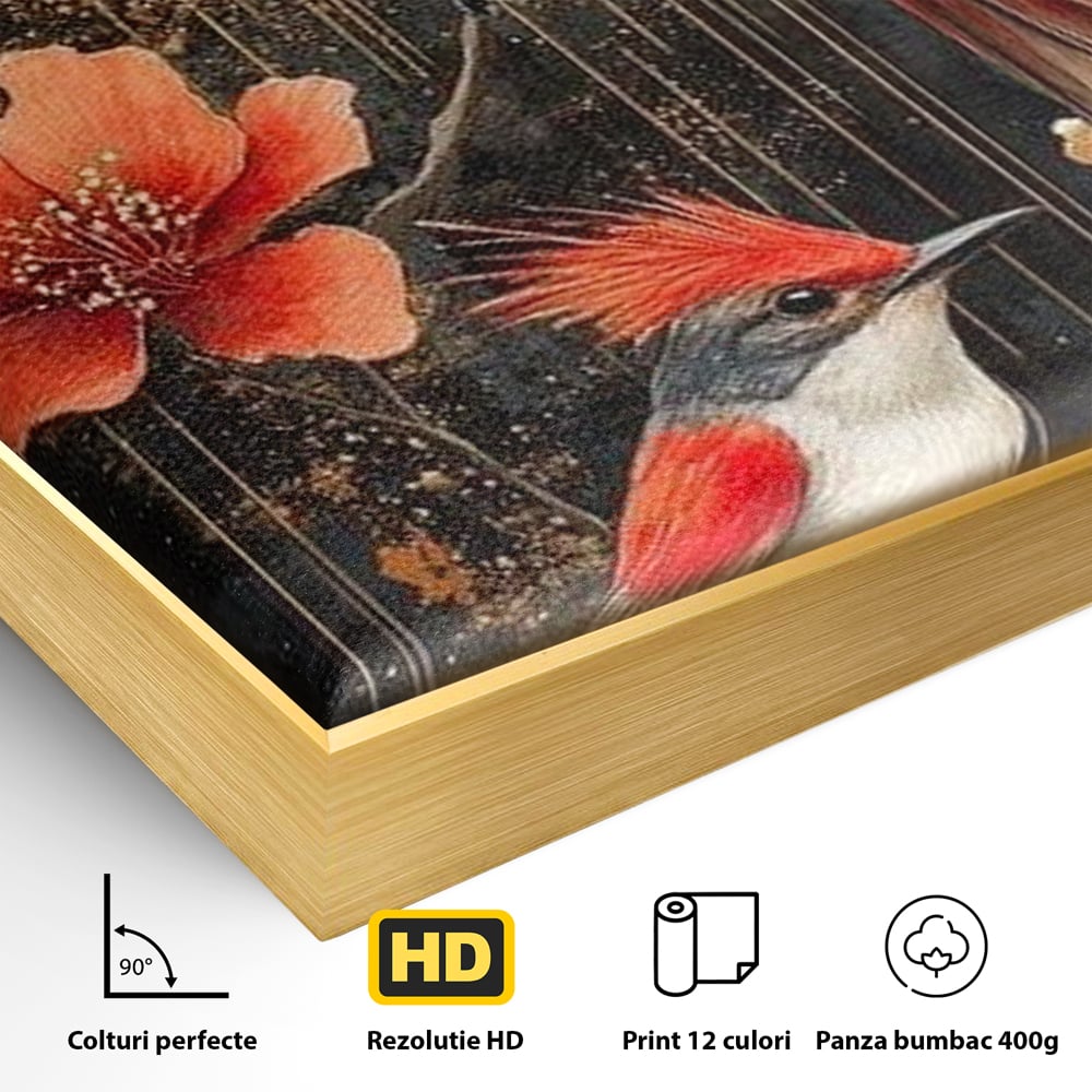 Leinwandbilder Premium, LuxCanva® M1064, Tanzen im Mondlicht, Vögel, Mond, Blumen, Rot, Gold, Zweige, Exotisch, Nächtlich, Fliegen, Mystisch, Poesie, Büro, Wohnen, Kinderzimmer