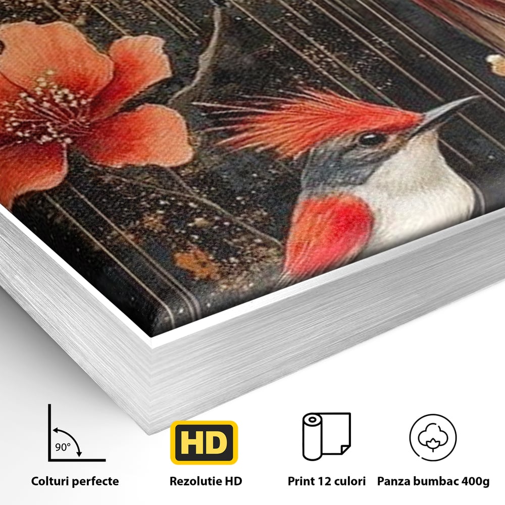 Leinwandbilder Premium, LuxCanva® M1064, Tanzen im Mondlicht, Vögel, Mond, Blumen, Rot, Gold, Zweige, Exotisch, Nächtlich, Fliegen, Mystisch, Poesie, Büro, Wohnen, Kinderzimmer