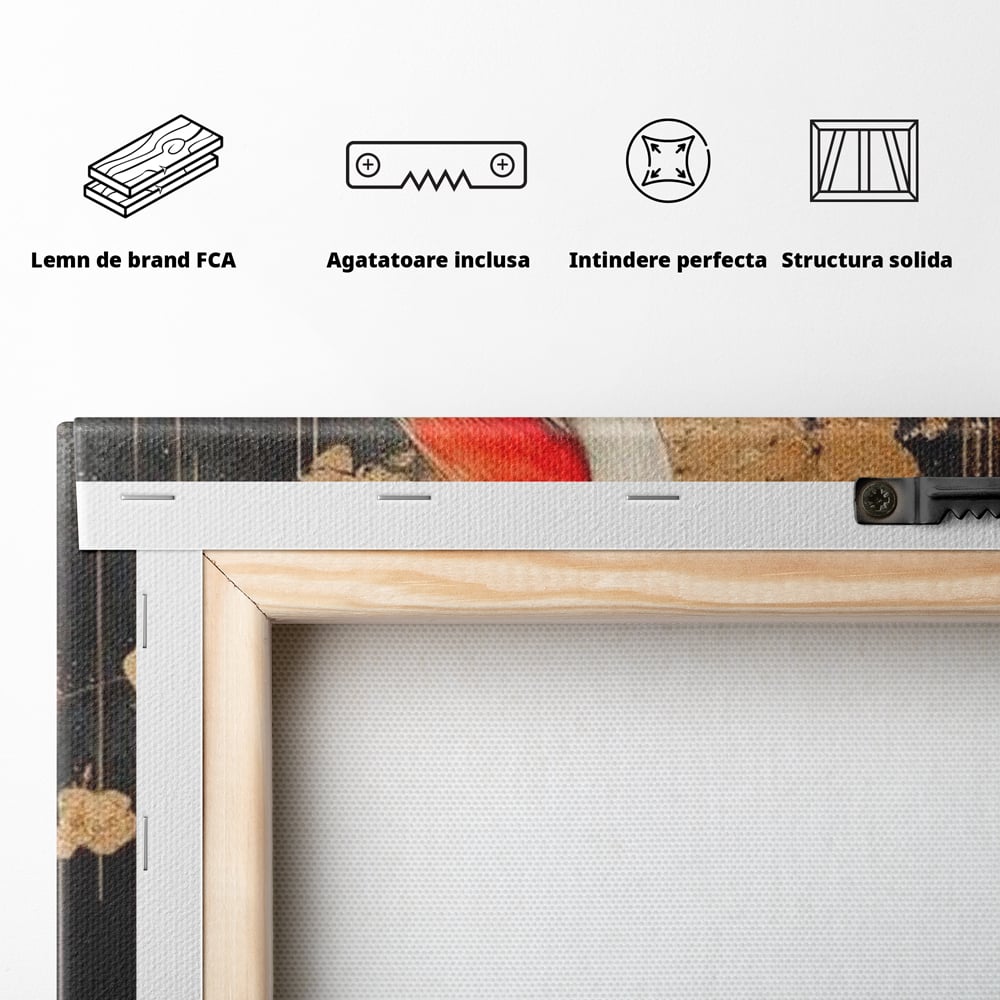 Leinwandbilder Premium, LuxCanva® M1064, Tanzen im Mondlicht, Vögel, Mond, Blumen, Rot, Gold, Zweige, Exotisch, Nächtlich, Fliegen, Mystisch, Poesie, Büro, Wohnen, Kinderzimmer