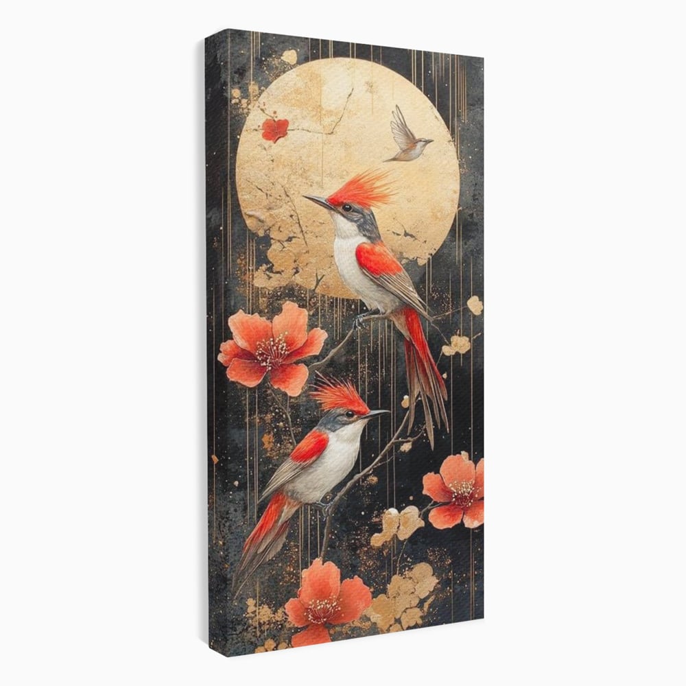 Leinwandbilder Premium, LuxCanva® M1064, Tanzen im Mondlicht, Vögel, Mond, Blumen, Rot, Gold, Zweige, Exotisch, Nächtlich, Fliegen, Mystisch, Poesie, Büro, Wohnen, Kinderzimmer