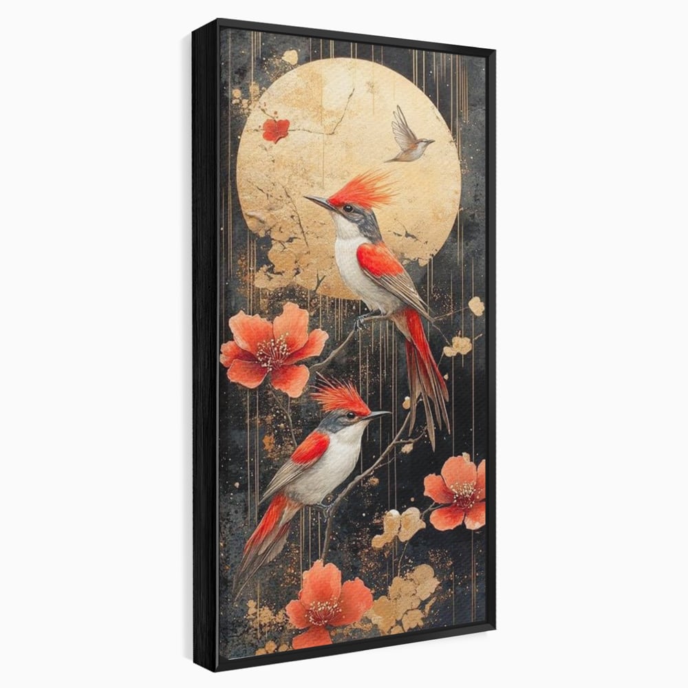 Leinwandbilder Premium, LuxCanva® M1064, Tanzen im Mondlicht, Vögel, Mond, Blumen, Rot, Gold, Zweige, Exotisch, Nächtlich, Fliegen, Mystisch, Poesie, Büro, Wohnen, Kinderzimmer