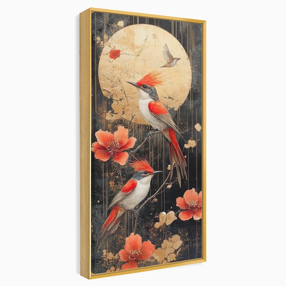 Leinwandbilder Premium, LuxCanva® M1064, Tanzen im Mondlicht, Vögel, Mond, Blumen, Rot, Gold, Zweige, Exotisch, Nächtlich, Fliegen, Mystisch, Poesie, Büro, Wohnen, Kinderzimmer