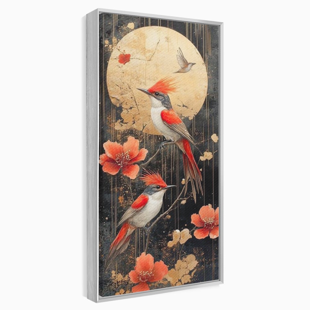 Leinwandbilder Premium, LuxCanva® M1064, Tanzen im Mondlicht, Vögel, Mond, Blumen, Rot, Gold, Zweige, Exotisch, Nächtlich, Fliegen, Mystisch, Poesie, Büro, Wohnen, Kinderzimmer