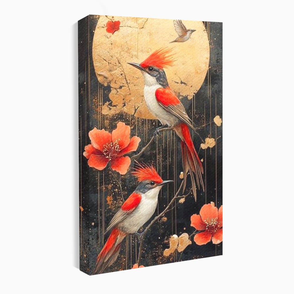 Leinwandbilder Premium, LuxCanva® M1064, Tanzen im Mondlicht, Vögel, Mond, Blumen, Rot, Gold, Zweige, Exotisch, Nächtlich, Fliegen, Mystisch, Poesie, Büro, Wohnen, Kinderzimmer