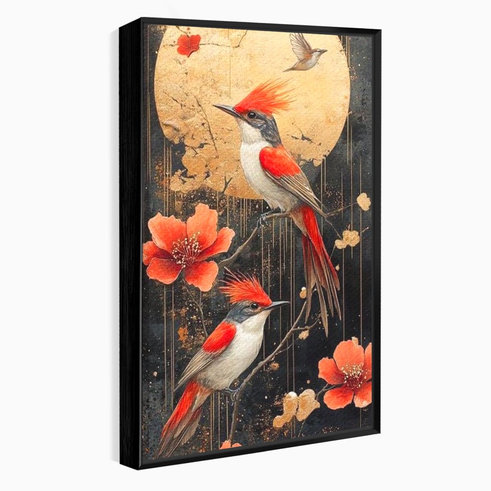 Leinwandbilder Premium, LuxCanva® M1064, Tanzen im Mondlicht, Vögel, Mond, Blumen, Rot, Gold, Zweige, Exotisch, Nächtlich, Fliegen, Mystisch, Poesie, Büro, Wohnen, Kinderzimmer