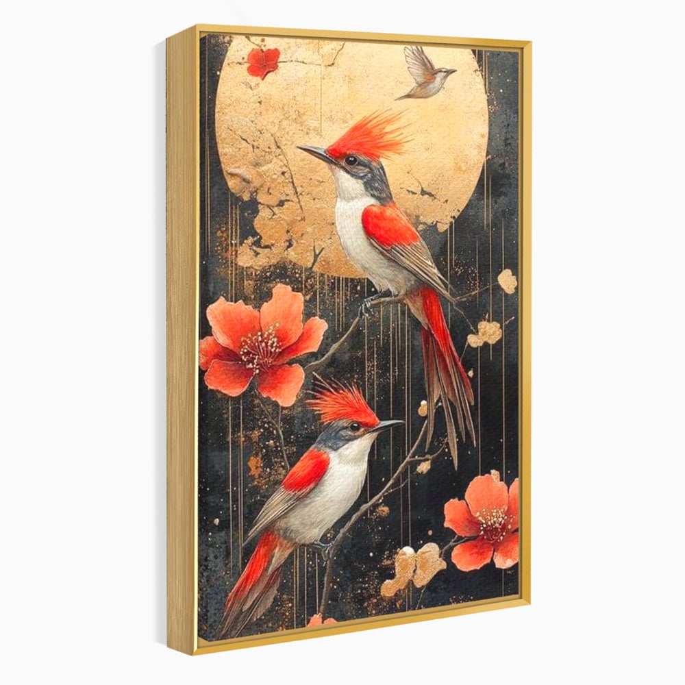 Leinwandbilder Premium, LuxCanva® M1064, Tanzen im Mondlicht, Vögel, Mond, Blumen, Rot, Gold, Zweige, Exotisch, Nächtlich, Fliegen, Mystisch, Poesie, Büro, Wohnen, Kinderzimmer