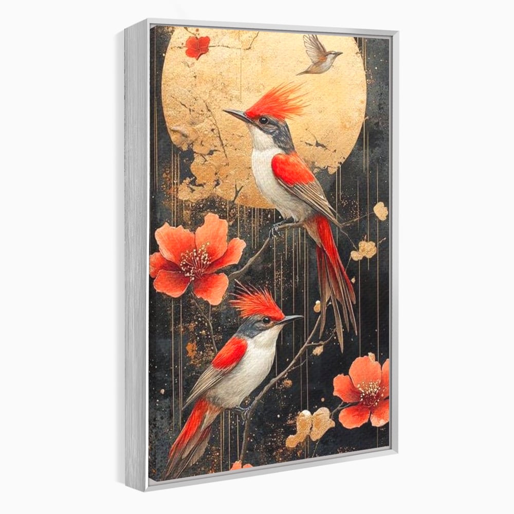 Leinwandbilder Premium, LuxCanva® M1064, Tanzen im Mondlicht, Vögel, Mond, Blumen, Rot, Gold, Zweige, Exotisch, Nächtlich, Fliegen, Mystisch, Poesie, Büro, Wohnen, Kinderzimmer