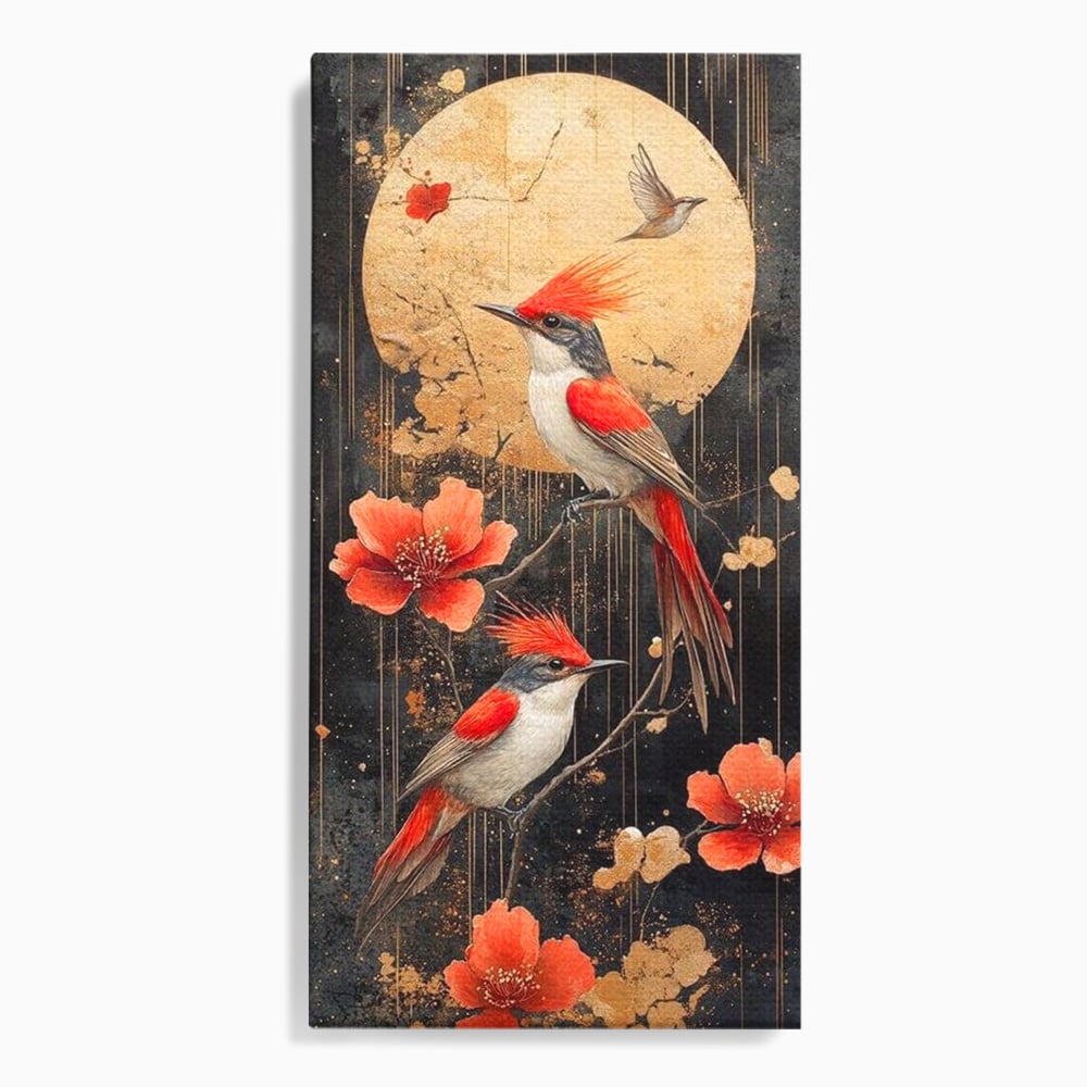 Leinwandbilder Premium, LuxCanva® M1064, Tanzen im Mondlicht, Vögel, Mond, Blumen, Rot, Gold, Zweige, Exotisch, Nächtlich, Fliegen, Mystisch, Poesie, Büro, Wohnen, Kinderzimmer