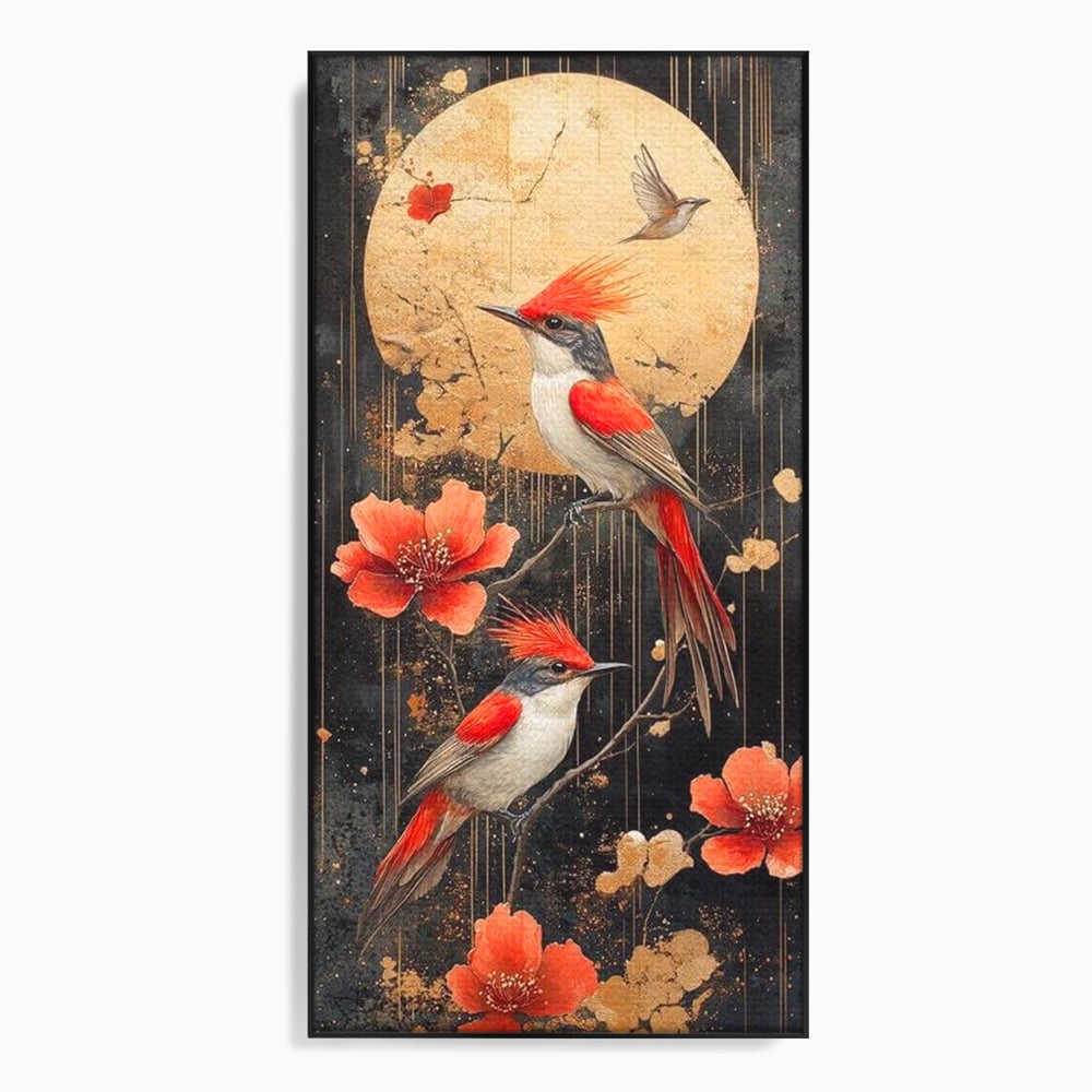 Leinwandbilder Premium, LuxCanva® M1064, Tanzen im Mondlicht, Vögel, Mond, Blumen, Rot, Gold, Zweige, Exotisch, Nächtlich, Fliegen, Mystisch, Poesie, Büro, Wohnen, Kinderzimmer