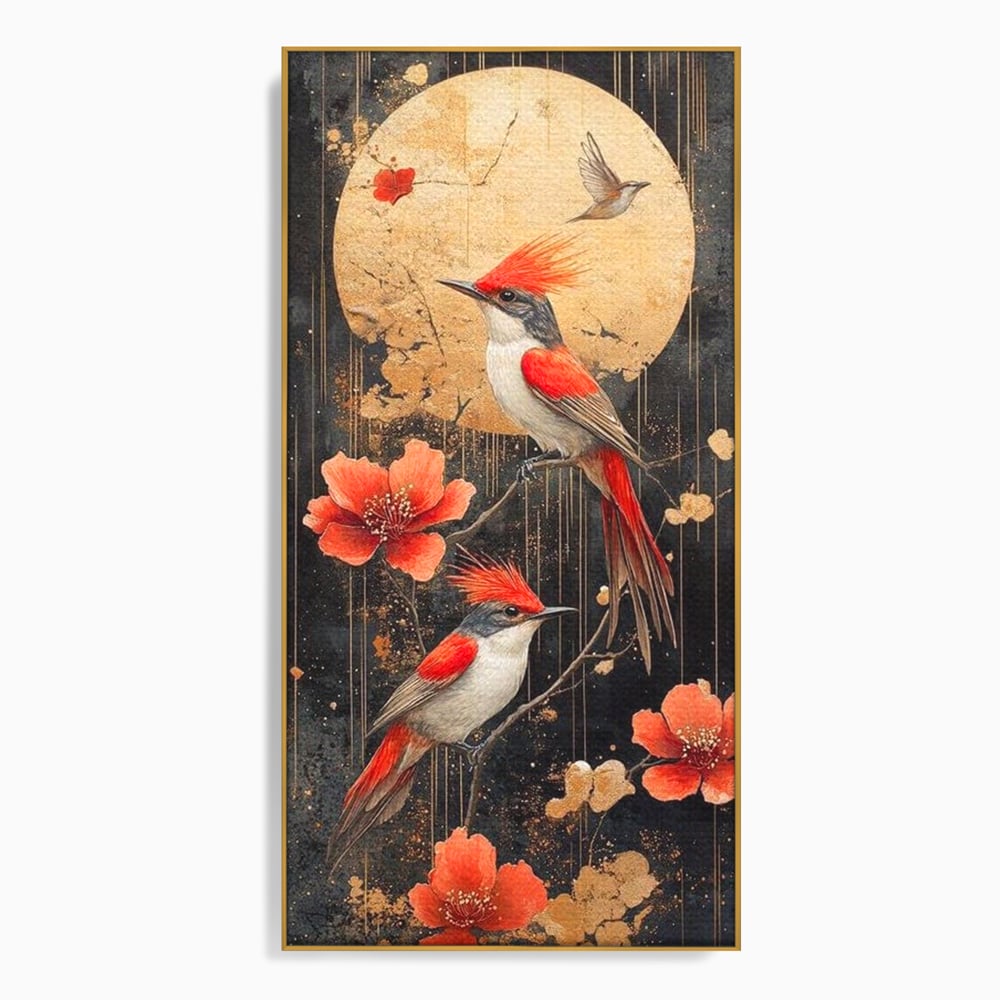 Leinwandbilder Premium, LuxCanva® M1064, Tanzen im Mondlicht, Vögel, Mond, Blumen, Rot, Gold, Zweige, Exotisch, Nächtlich, Fliegen, Mystisch, Poesie, Büro, Wohnen, Kinderzimmer