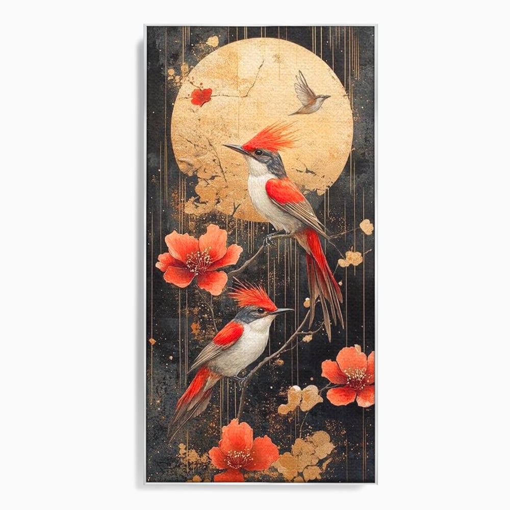 Leinwandbilder Premium, LuxCanva® M1064, Tanzen im Mondlicht, Vögel, Mond, Blumen, Rot, Gold, Zweige, Exotisch, Nächtlich, Fliegen, Mystisch, Poesie, Büro, Wohnen, Kinderzimmer