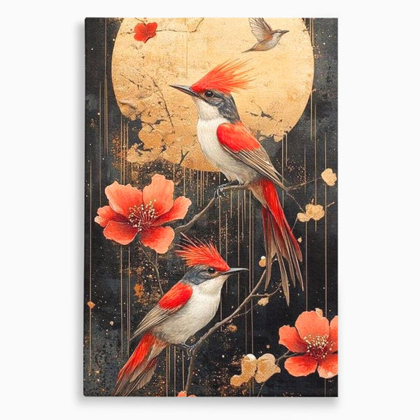 Leinwandbilder Premium, LuxCanva® M1064, Tanzen im Mondlicht, Vögel, Mond, Blumen, Rot, Gold, Zweige, Exotisch, Nächtlich, Fliegen, Mystisch, Poesie, Büro, Wohnen, Kinderzimmer