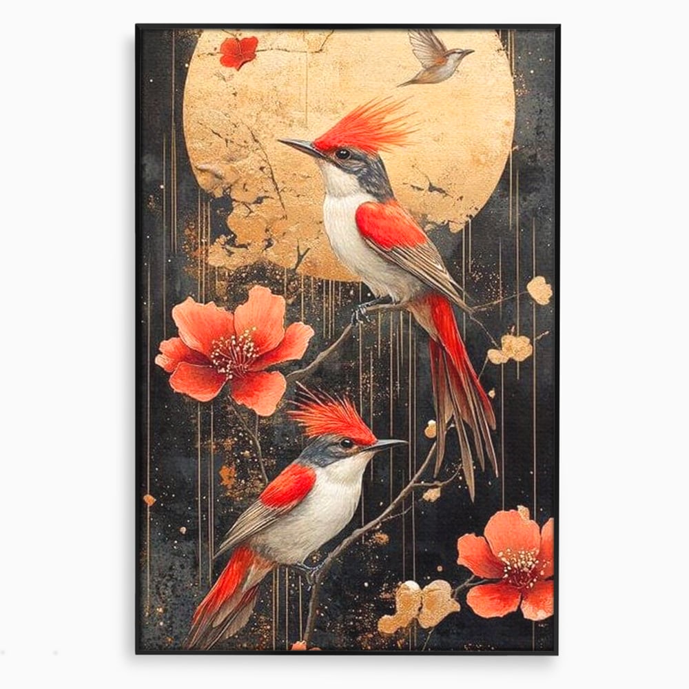 Leinwandbilder Premium, LuxCanva® M1064, Tanzen im Mondlicht, Vögel, Mond, Blumen, Rot, Gold, Zweige, Exotisch, Nächtlich, Fliegen, Mystisch, Poesie, Büro, Wohnen, Kinderzimmer