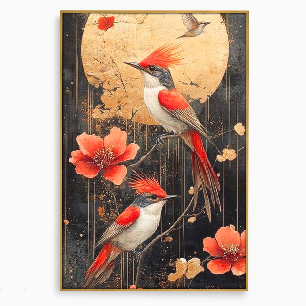 Leinwandbilder Premium, LuxCanva® M1064, Tanzen im Mondlicht, Vögel, Mond, Blumen, Rot, Gold, Zweige, Exotisch, Nächtlich, Fliegen, Mystisch, Poesie, Büro, Wohnen, Kinderzimmer