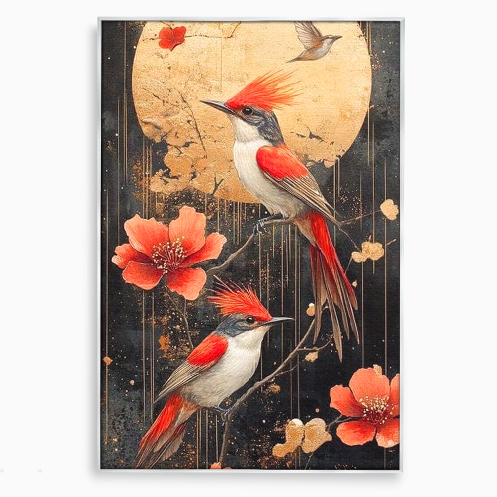 Leinwandbilder Premium, LuxCanva® M1064, Tanzen im Mondlicht, Vögel, Mond, Blumen, Rot, Gold, Zweige, Exotisch, Nächtlich, Fliegen, Mystisch, Poesie, Büro, Wohnen, Kinderzimmer